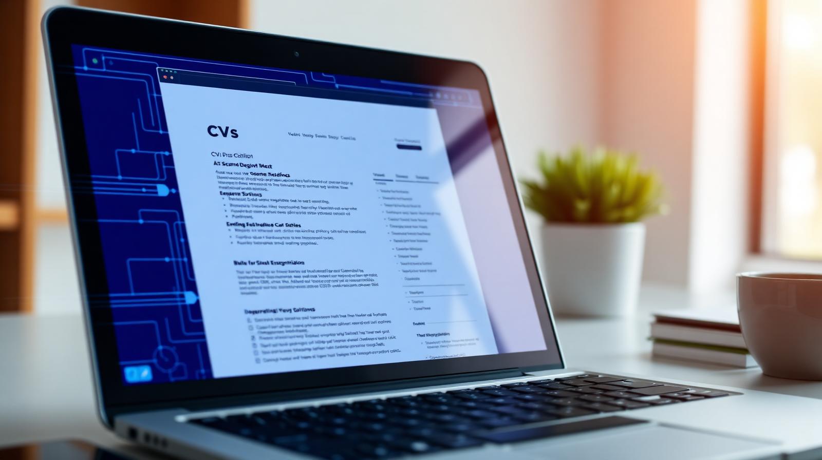A laptop screen showing a CV document being scanned by an automated applicant tracking system.