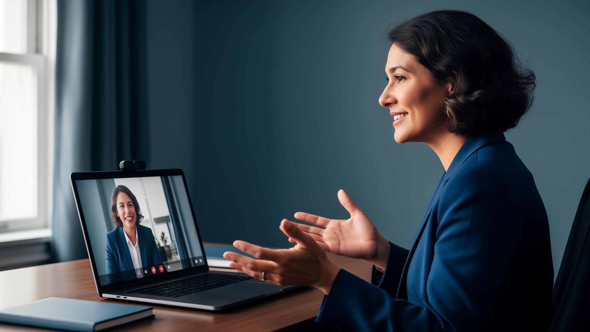 A candidate sitting upright on a video interview, gesturing naturally with hands while smiling at the webcam.