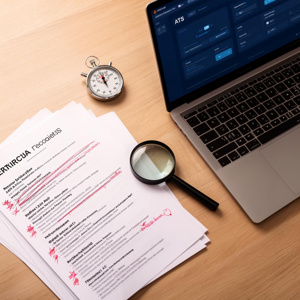 A recruiter's desk with CVs, a stopwatch showing 7 seconds, and a laptop displaying an ATS dashboard.