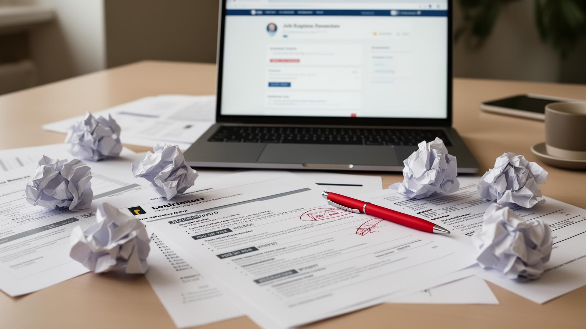 A desk with scattered CVs, a red pen marking corrections, and a laptop showing a job application portal.
