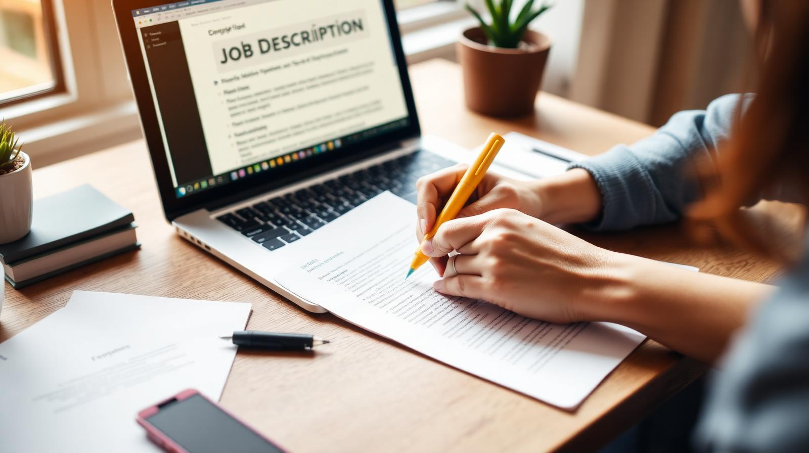 A person rewriting their CV at a desk with a job description open on the laptop.