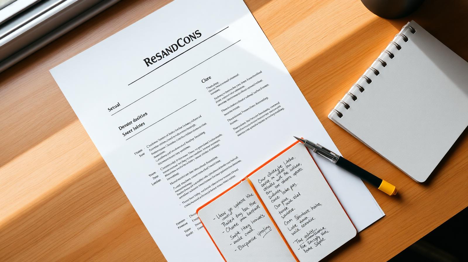 Overhead view of a printed CV on a wooden desk being marked up with a highlighter and pen, alongside a notebook with handwritten bullet point notes.