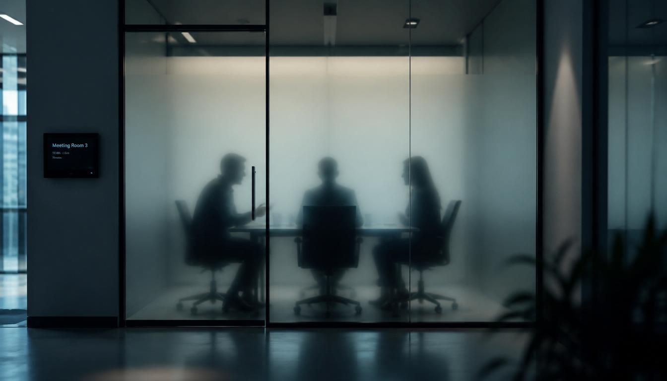 Three silhouetted figures in a modern corporate meeting room behind frosted glass, suggesting hidden hiring decisions being made