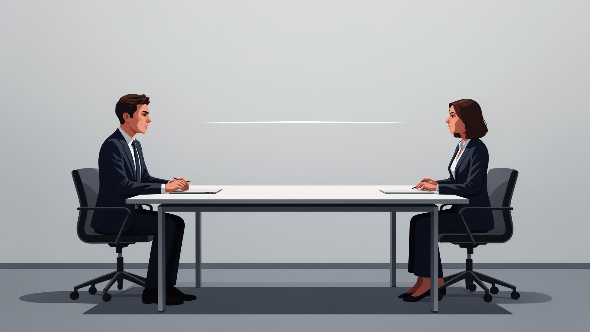A candidate and interviewer sitting across a desk with a visible pause between them, soft professional lighting
