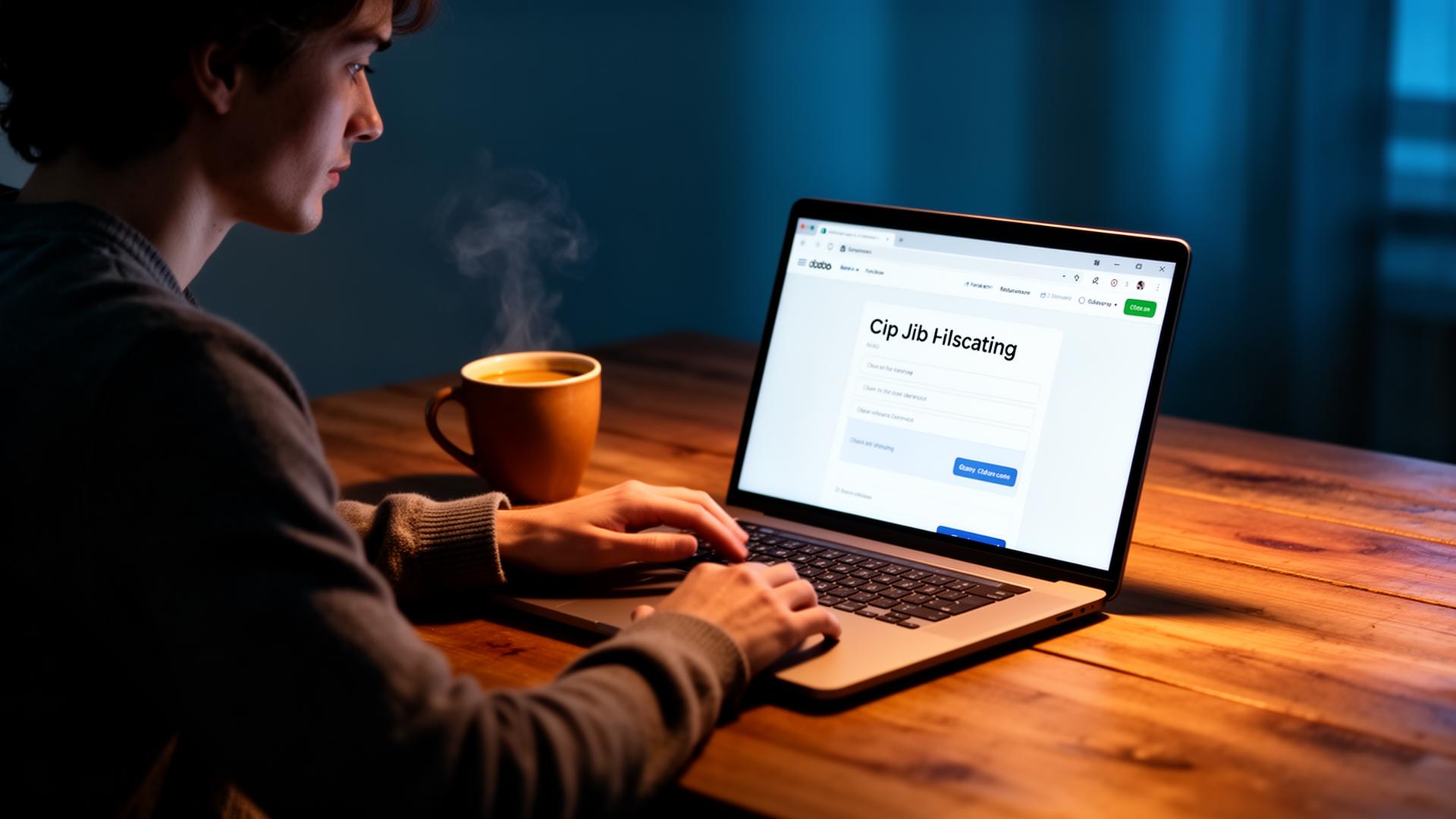 A person sitting at a desk with a laptop, soft warm lighting suggesting quiet resilience and introspection.