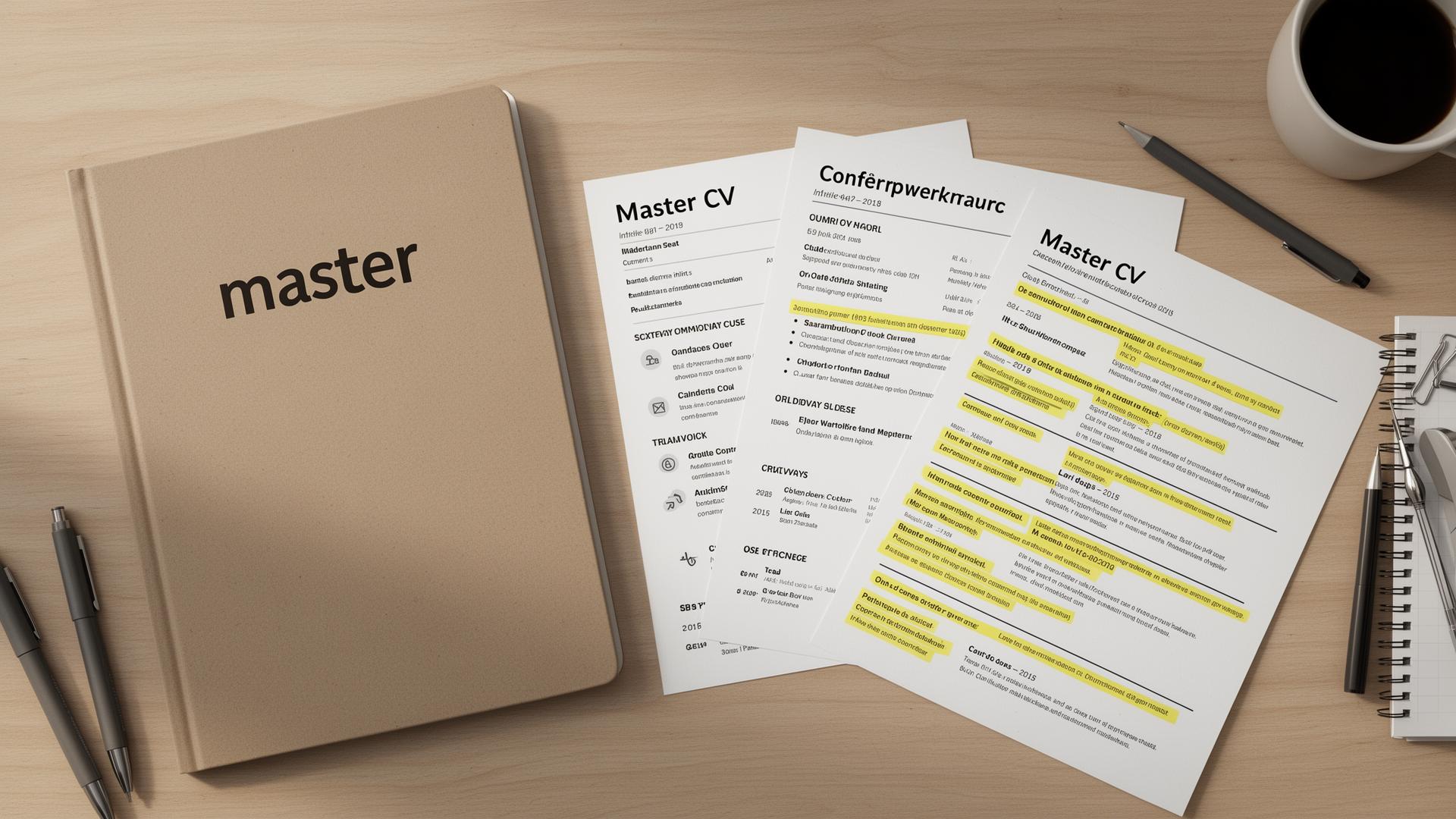 A master CV notebook beside several tailored CV variants with highlighted keywords on a wooden desk.