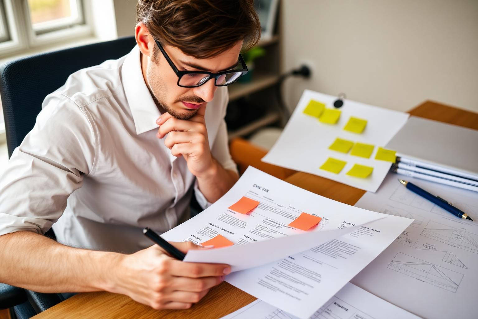 A mid-career professional reviewing a CV with sticky notes and evidence diagrams on a desk
