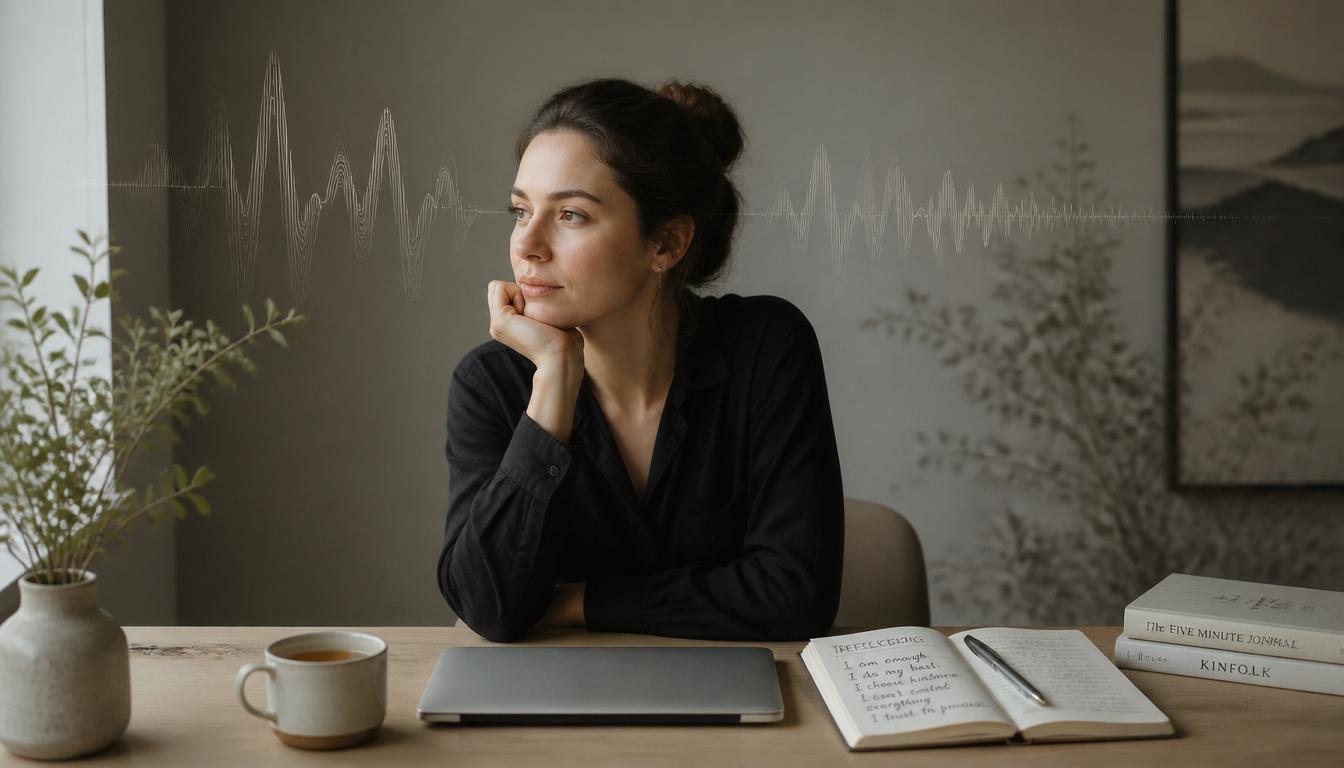A thoughtful professional at a desk with a journal, tea, and a closed laptop, with subtle visual sound waves suggesting an echo of negative thoughts