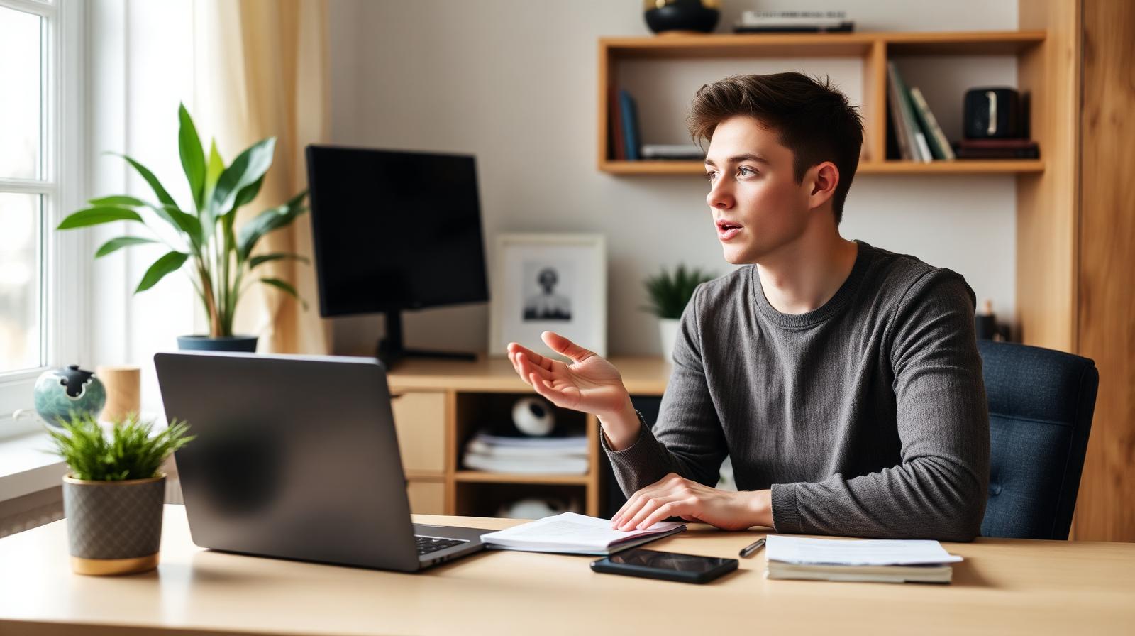 A young professional practising an interview answer at a desk with notes and a laptop.